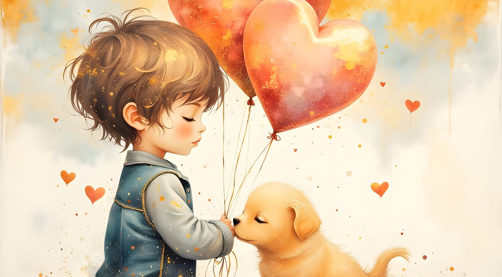 Little Brown Haired Boy with Golden Puppy and Heart Balloon ...