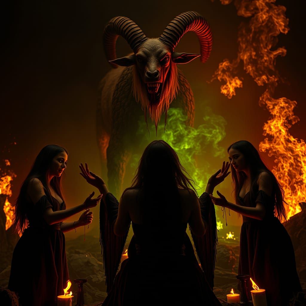 Dark Ritual with Demonic Entity in Hellish Landscape