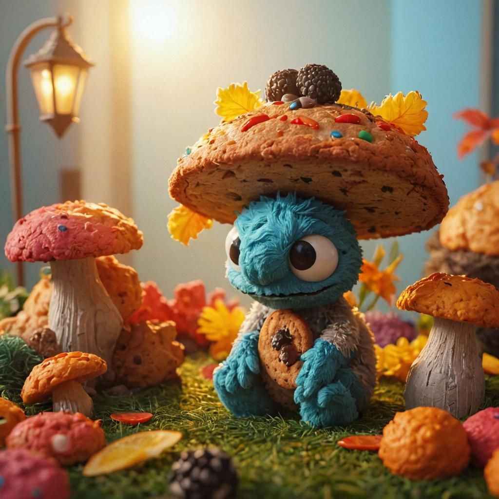 Cookie Monster and Giant Cookie in Pixar Style