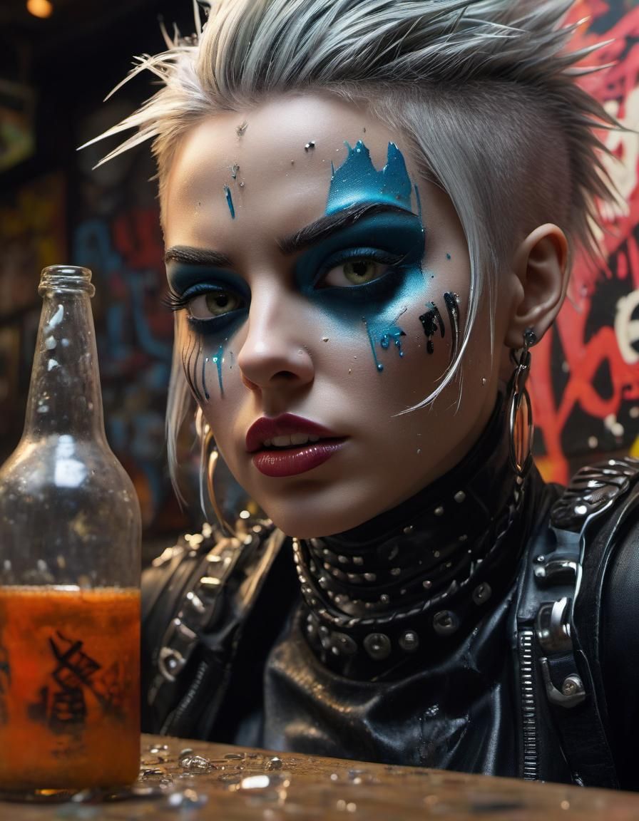 Punk Humanoid in Graffiti Bar, Detailed Digital Art