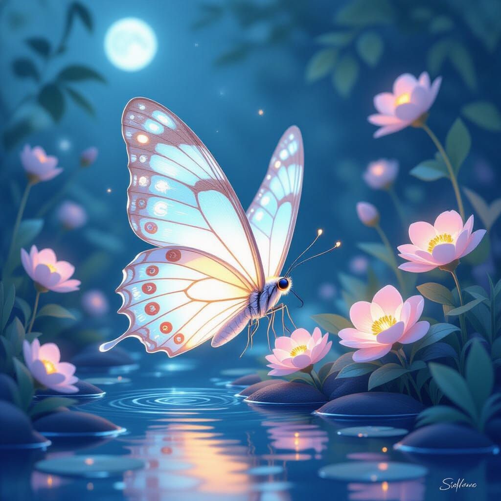 Bioluminescent Butterfly in Moonlit Garden Watercolor