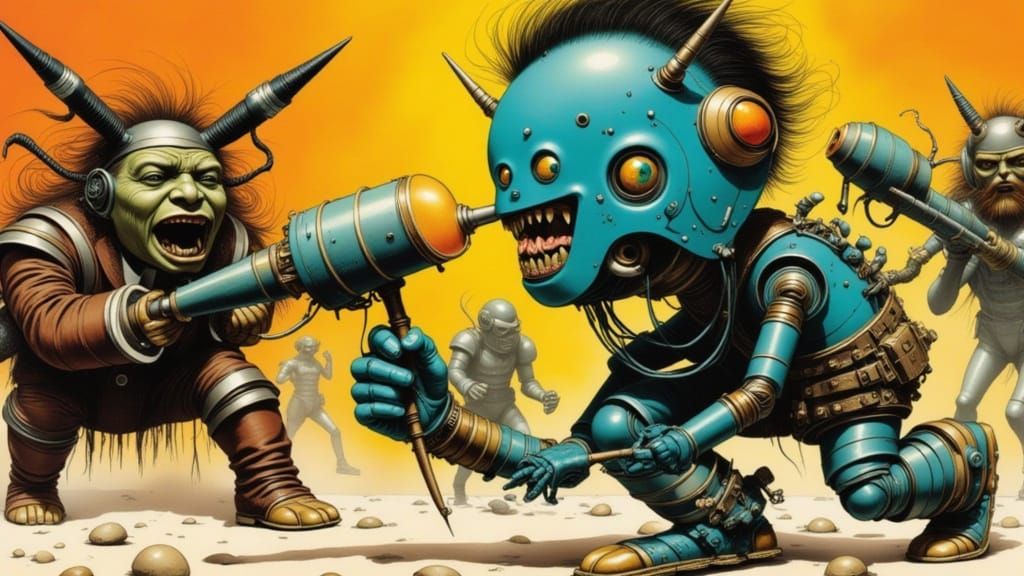 Robot Versus Mad Scientists in Cyberpunk Style