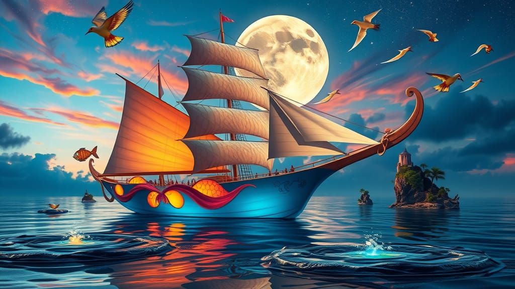 Surreal Sunset Sailing Vessel in a Dreamlike World