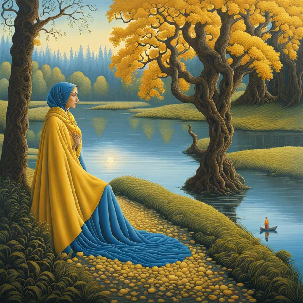 Surreal Riverbank Scene in Yerka Style