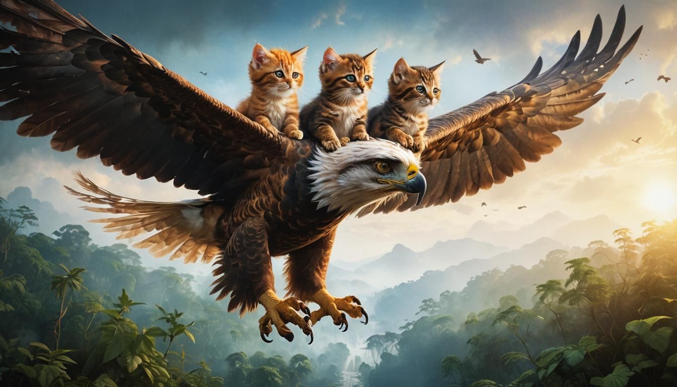 Kitten Flies Giant Eagle in Lush Forest Illustration