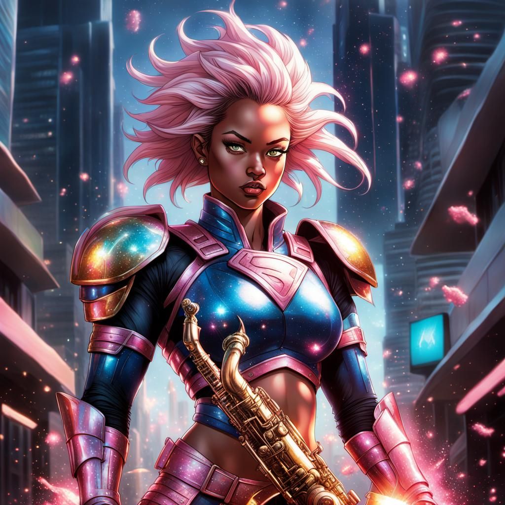 Heroic Super Girl Saxophonist in Sci-Fi Armor