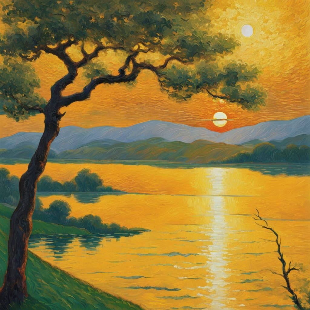 an oil painting of a lovely little lake beyond a green hill,...