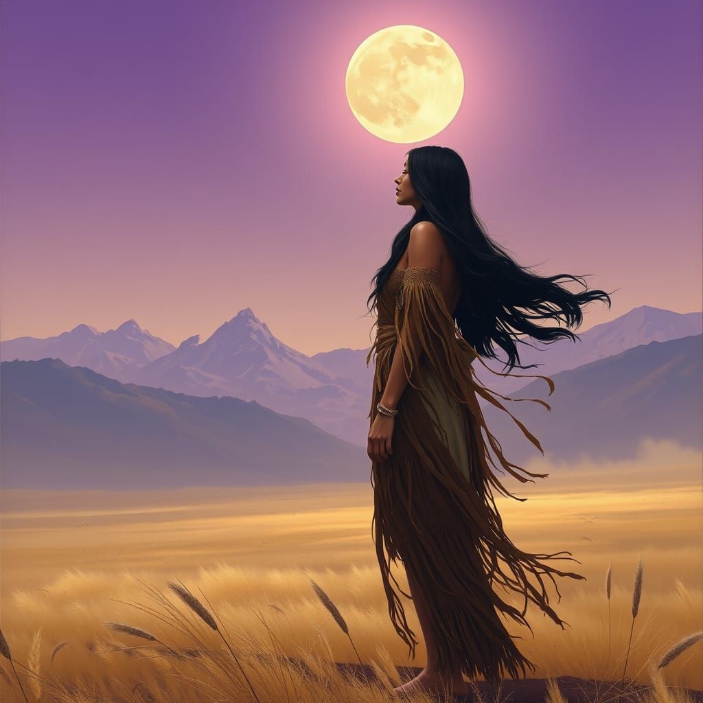 Indian Maiden on Windswept Prairie in Matte Earth Tones