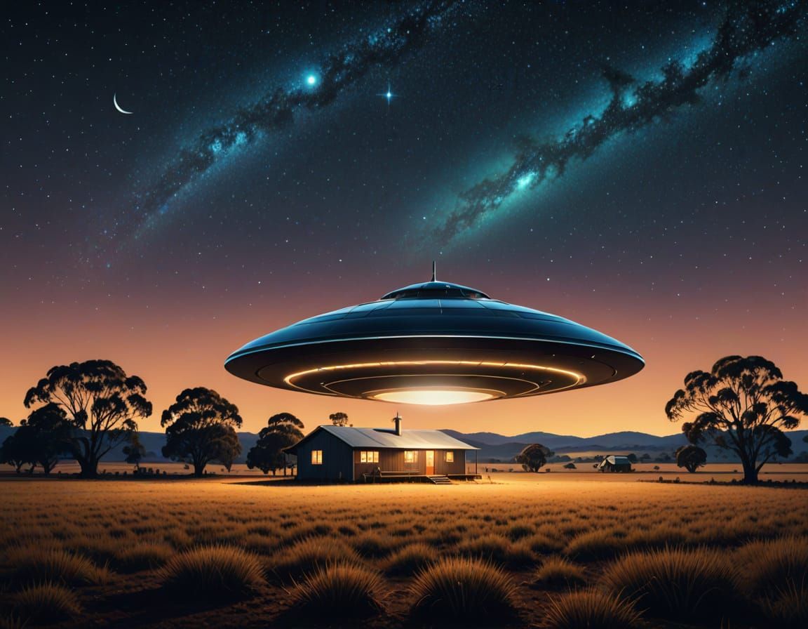 Flying Saucer Over Australian Farm in Retro Style