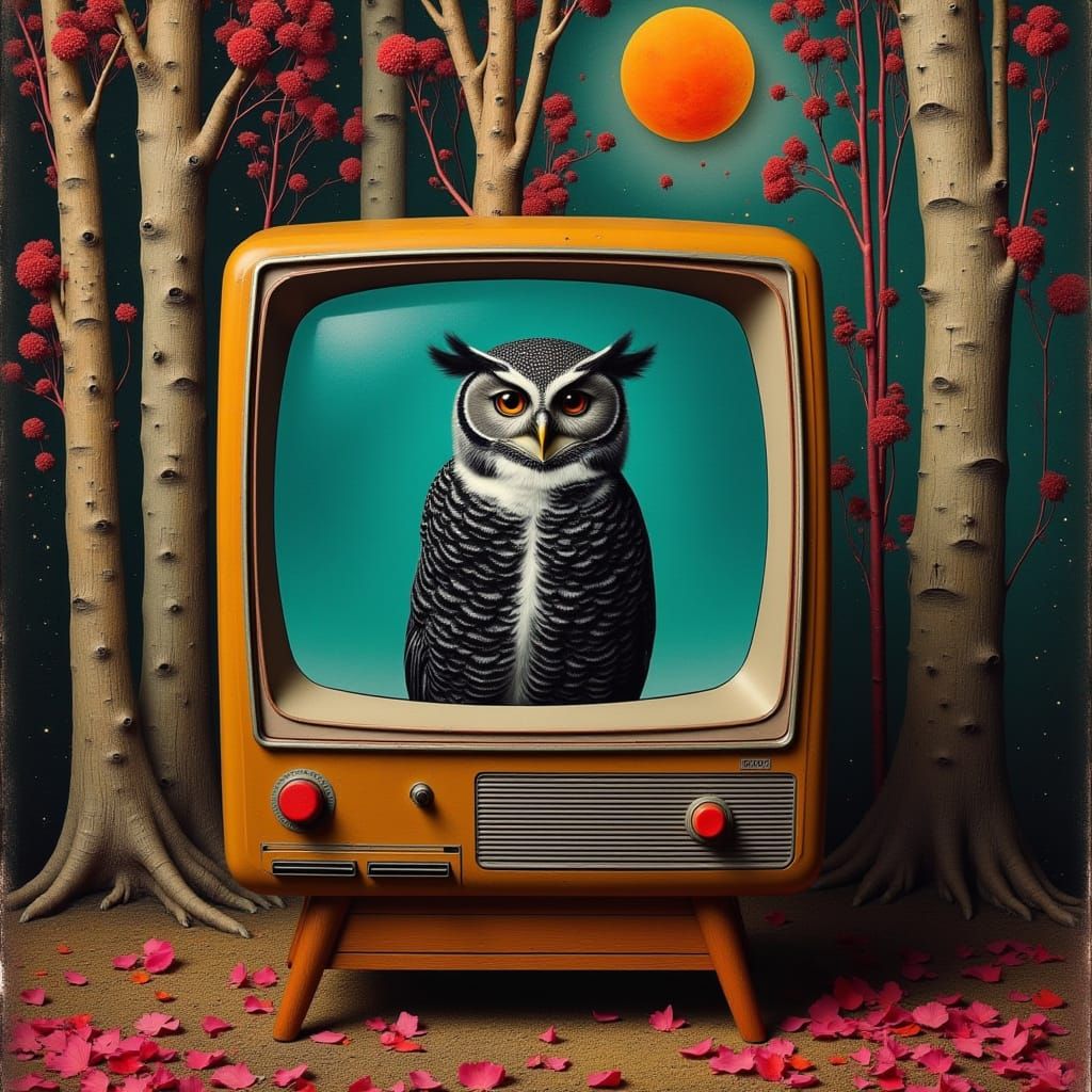 Owl in Vintage TV, Collage Mixed Media