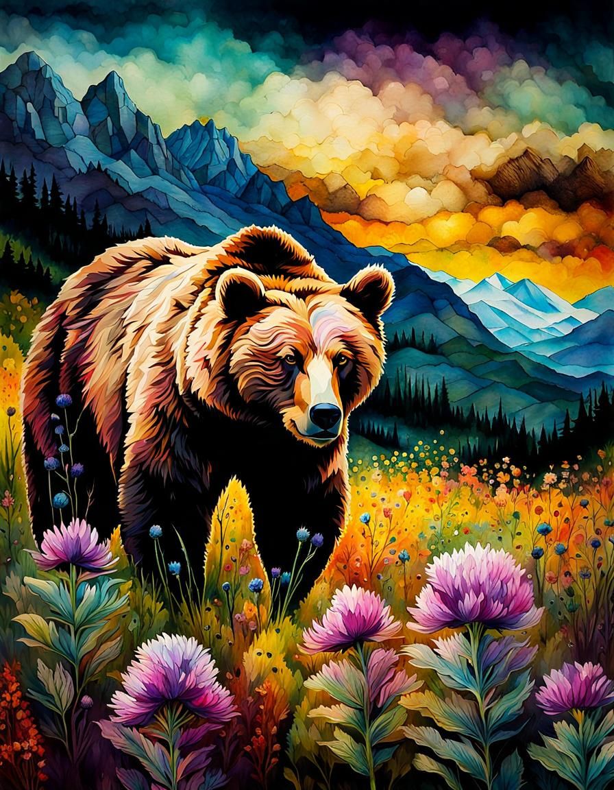Textured Alcohol Ink Bear in Wildflower Field