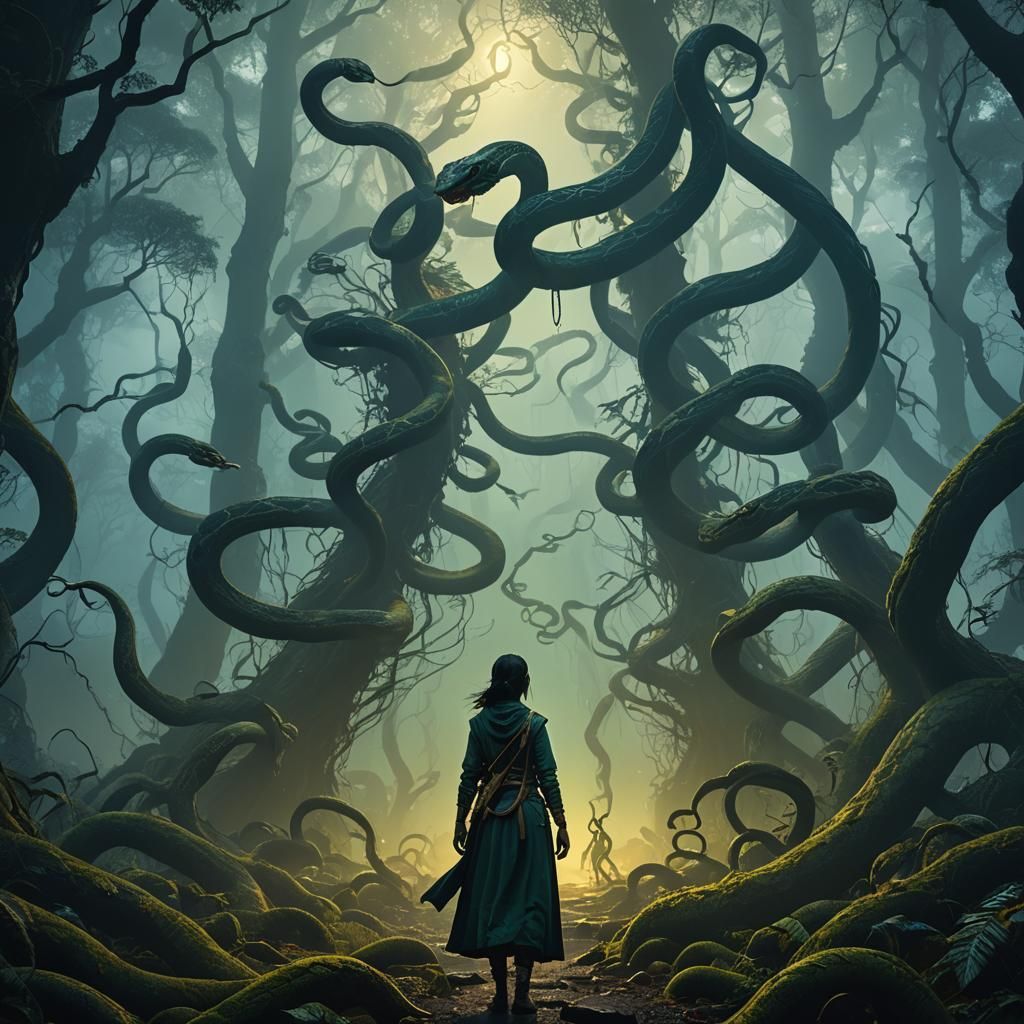 Manasa Devi Surrounded by Snakes in Misty Forest
