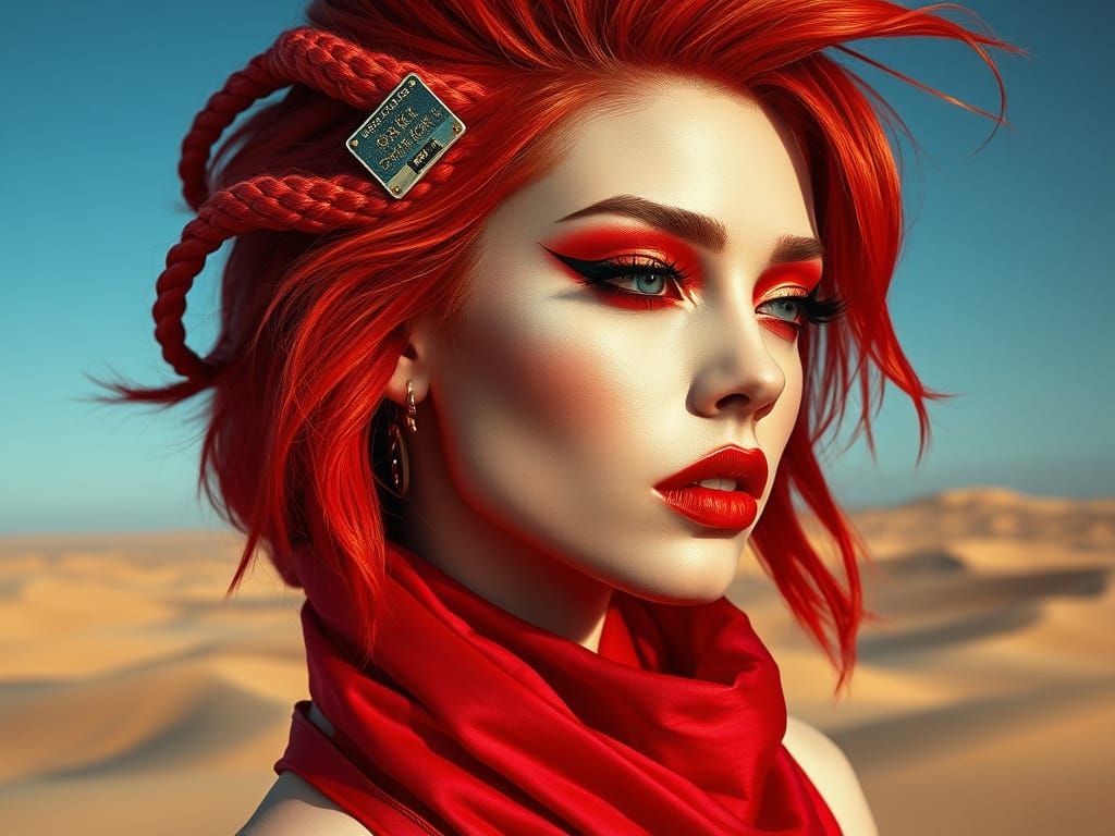 Striking Futuristic Portrait with Red Hair and Metallic Acce...