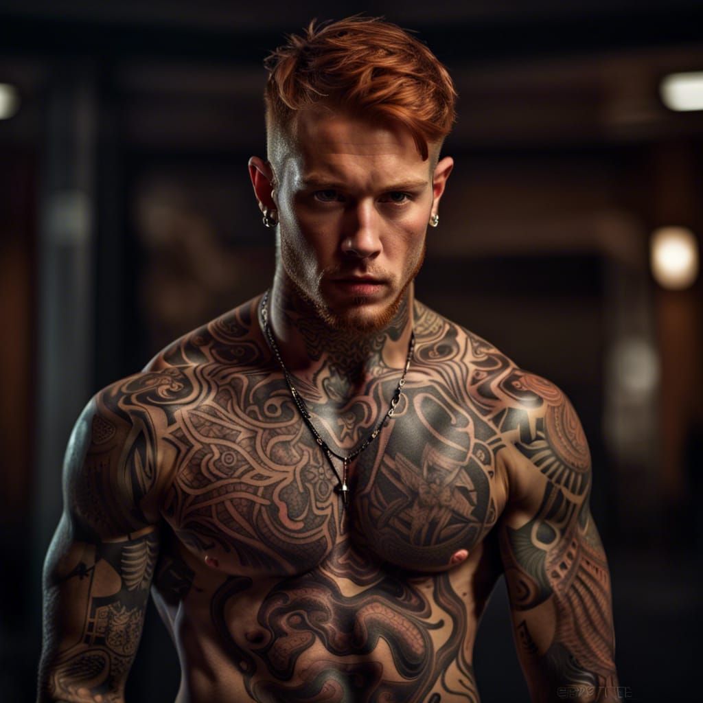 Hyperrealistic Portrait of Muscular Man with Tattoos