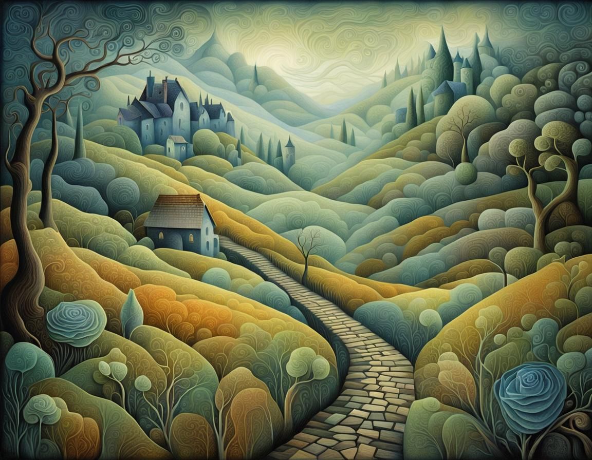 Misty Valley Path: Intricate Art Style
