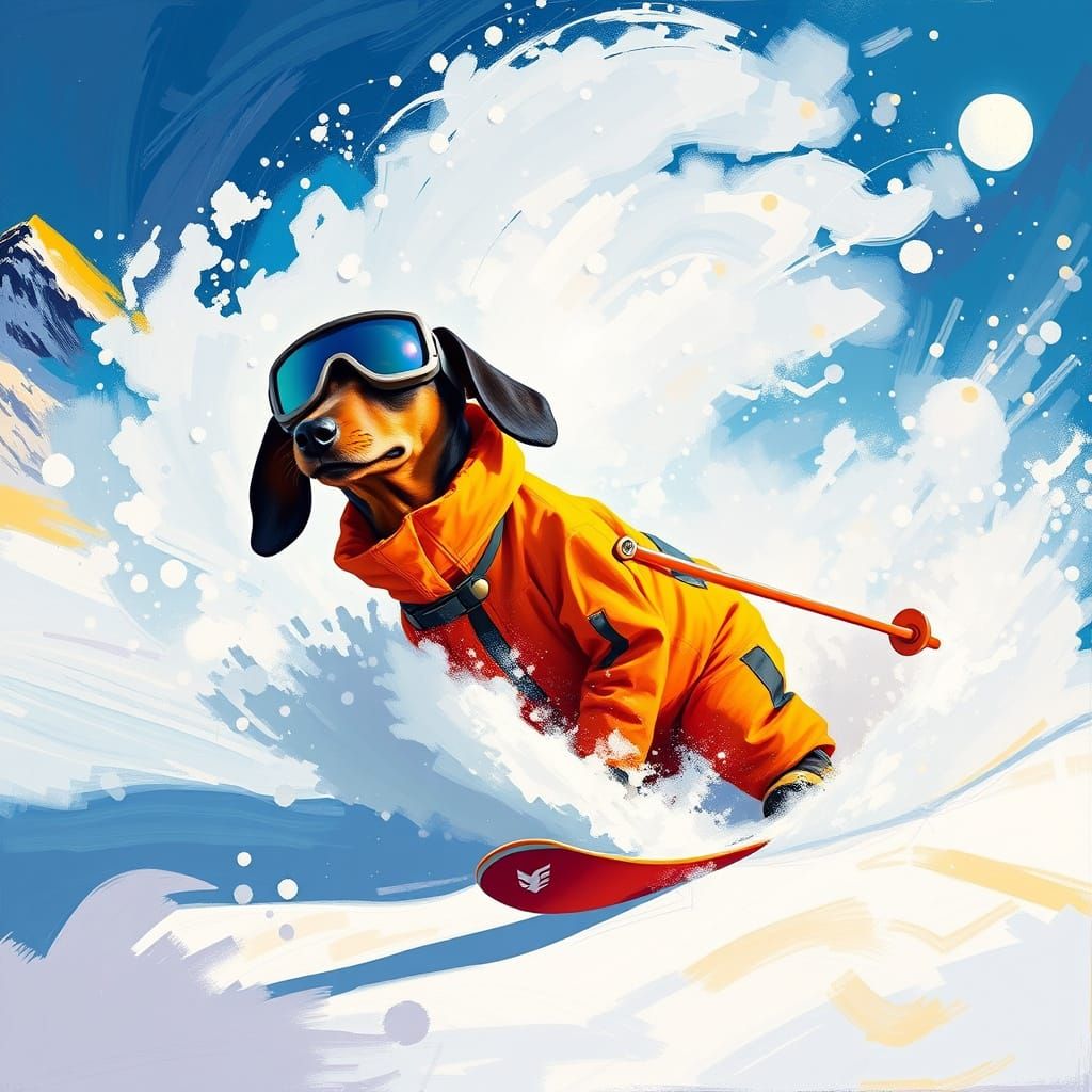 Dachshund Skiing Down Steep Andes Slope in Vibrant Colors