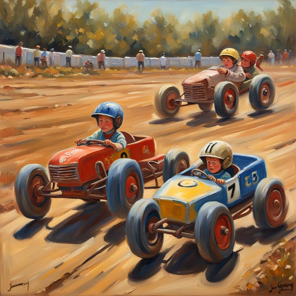 Boys Racing Cars: Whimsical Oil Painting