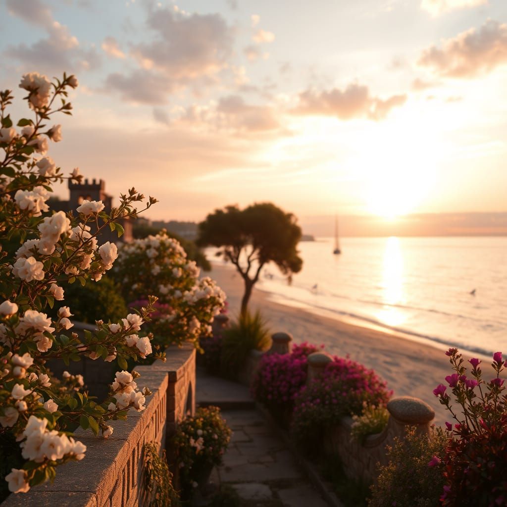 Romantic English Garden Beach at Sunset