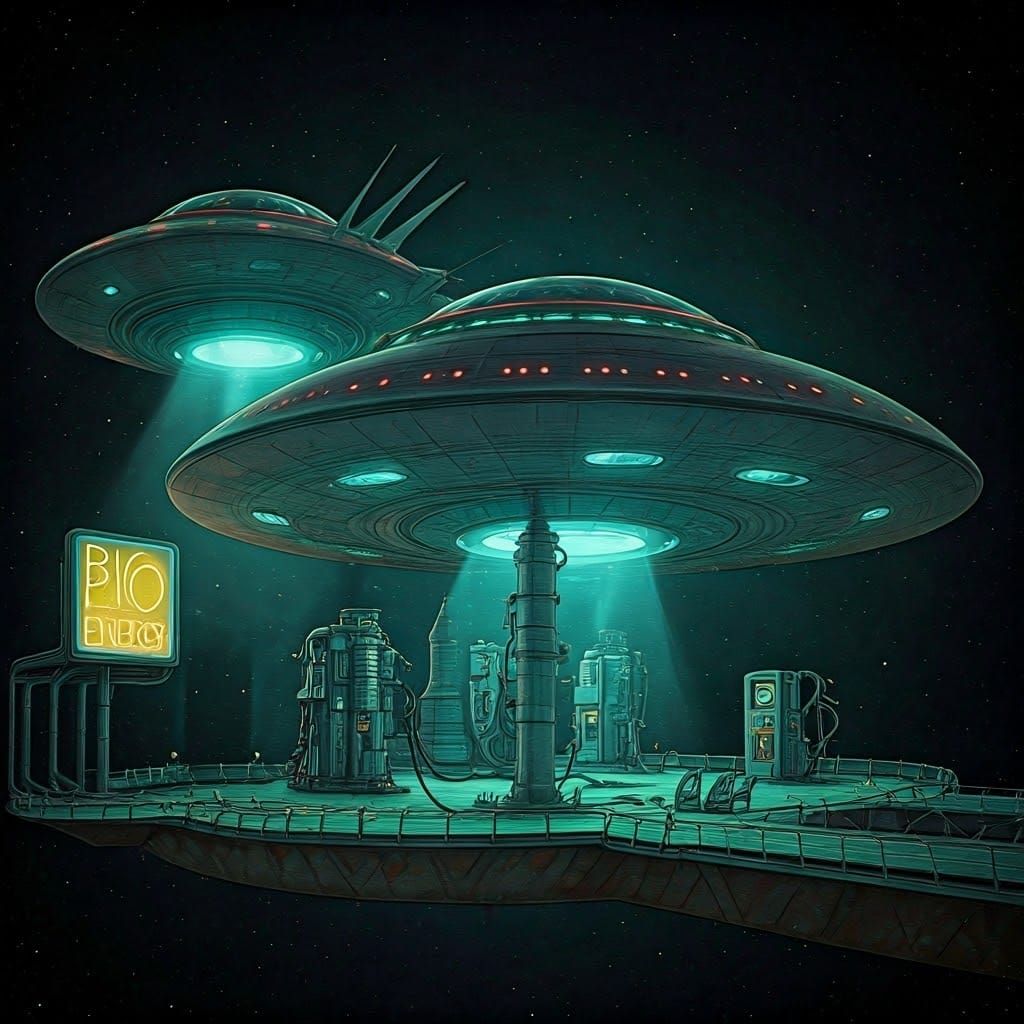 1960s Art Nouveau Alien Fuel Station in Space