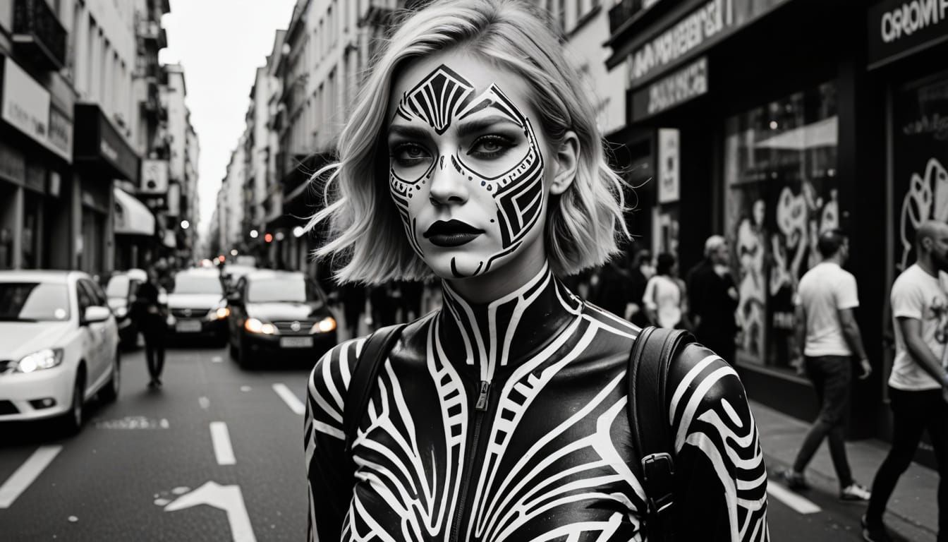 Elegant Woman in Zebra Body Paint Directs Traffic with Confi...