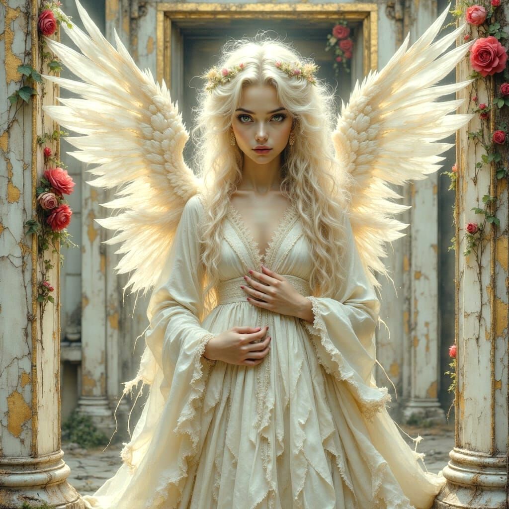 Fallen Angel in Ruins: Oil Painting with Dappled Light