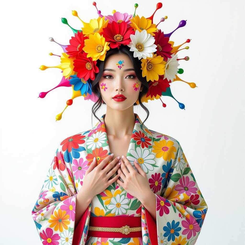 Floral Adorned Figure in Pop Art Style