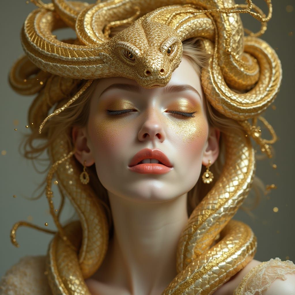 Divine Beauty: Mythical Woman with Golden Snake Adornment