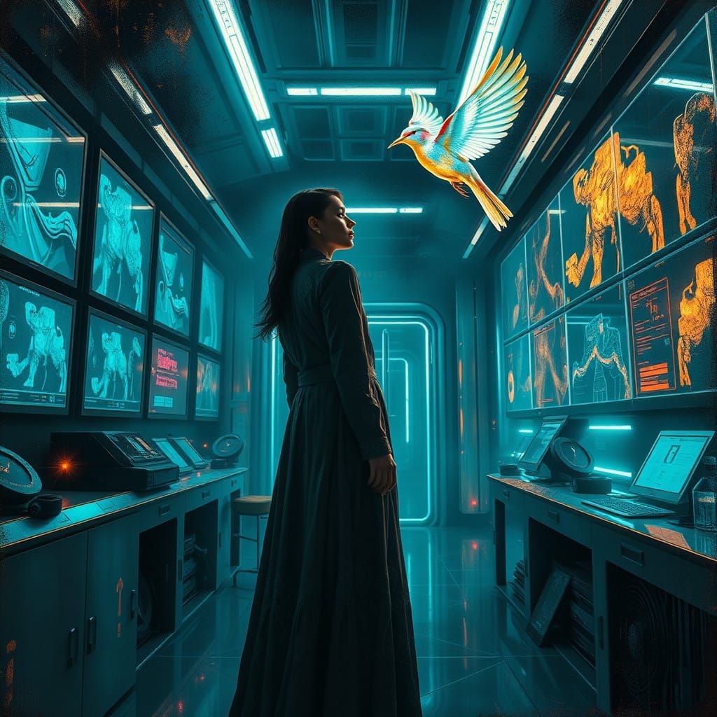 Futuristic Woman Contemplates Songbird in Gritty Cyberpunk L...
