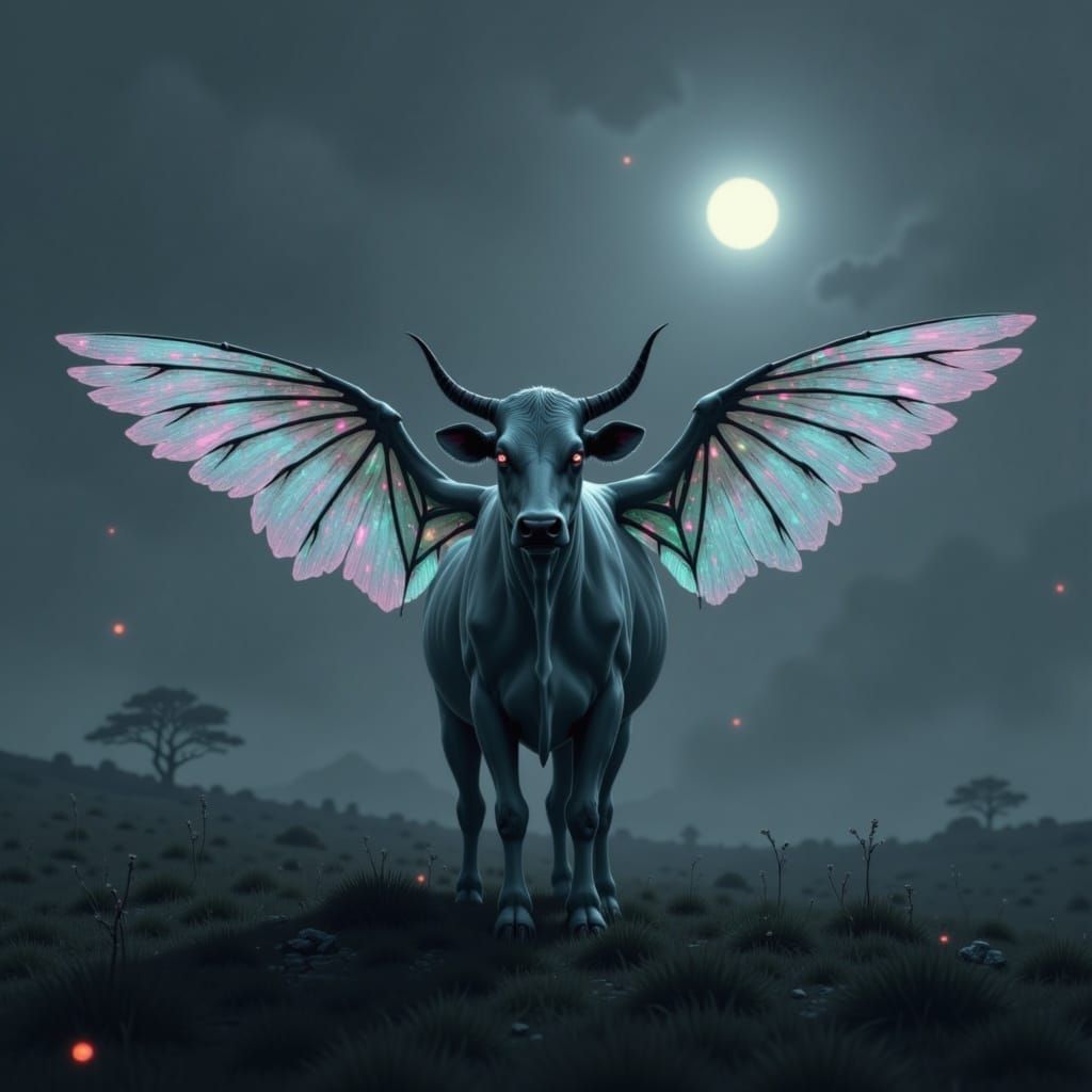 Gothic Fantasy Cow with Translucent Wings in Misty Pasture