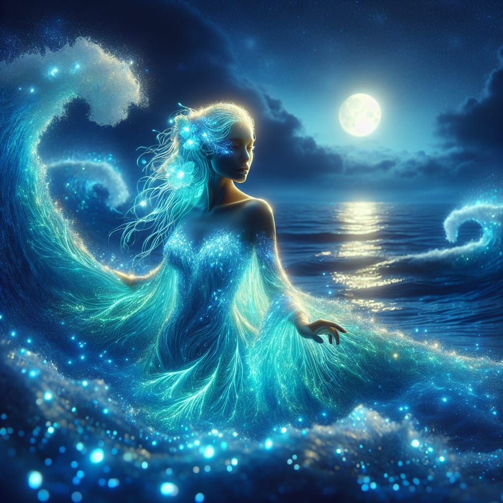 Bioluminescent Water Nymph in Moonlit Fantasy Scene