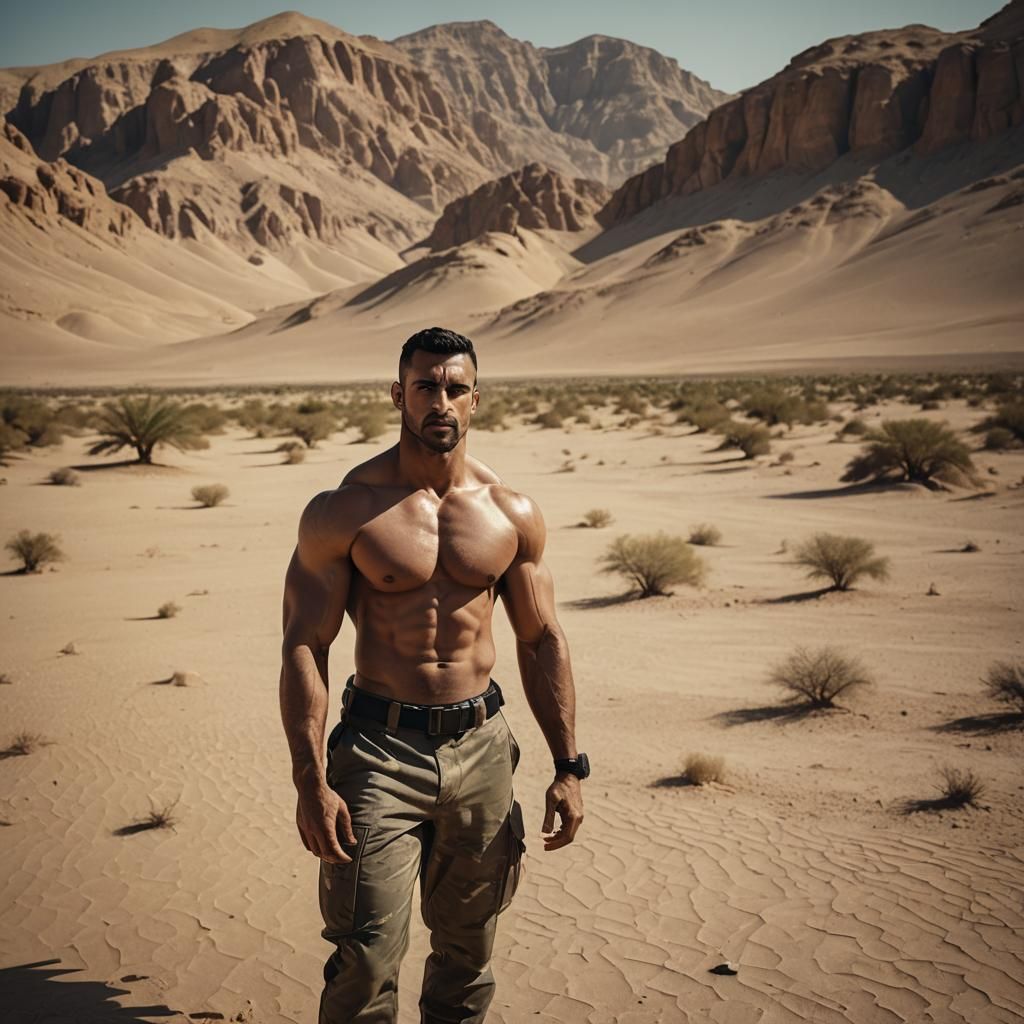 Arab Bodybuilder in Military Gear in Desert Landscape