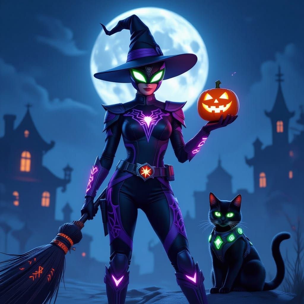 Halloween Power Ranger with Tech Broomstick and Cat