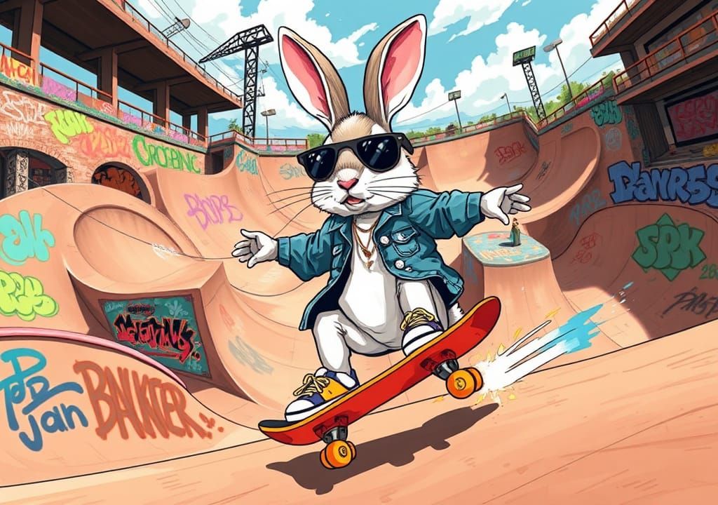 Trendy Rabbit Skateboarding in a Vibrant Skatepark