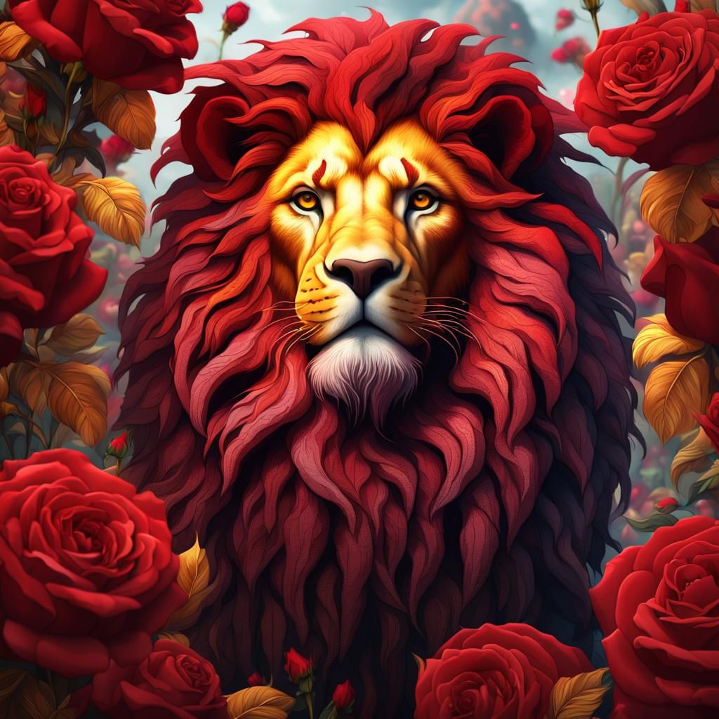Lion with Feathered Mane and Roses: Fantasy Art