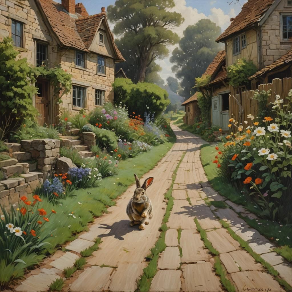 Rabbit Hopping: Oil Painting Illustration