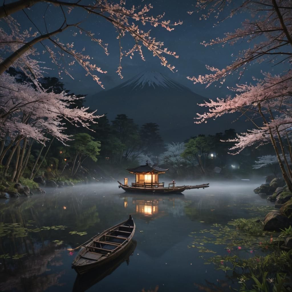 Serene Nighttime Mt. Fuji Scene in Unreal Engine Style