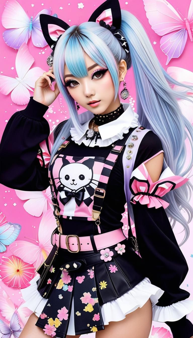 colorful collage of stylish pretty Japanese girls wearing va...