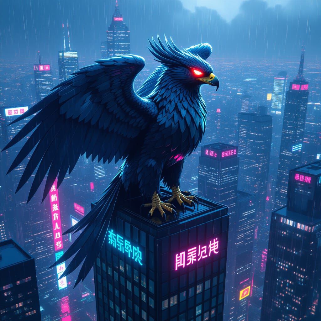 Cyberpunk Griffin Perched Atop Skyscraper