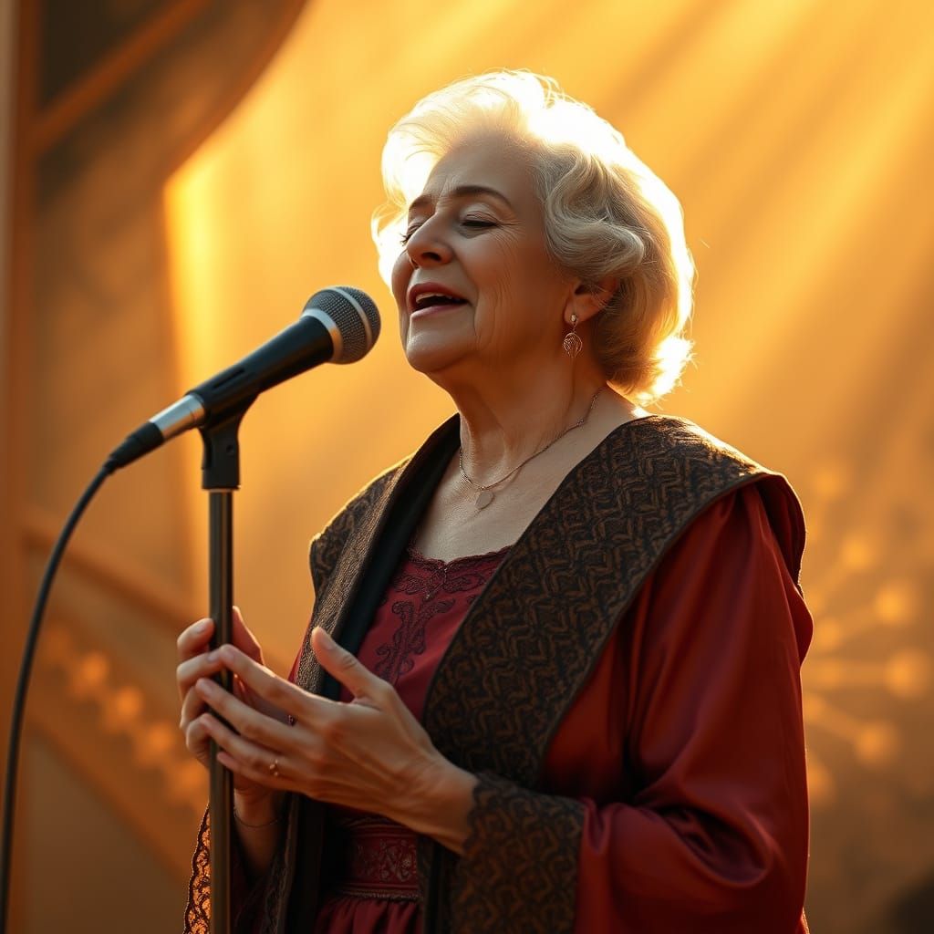 Elegant Woman Singing with Golden Light