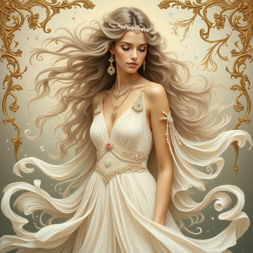 Art Nouveau Woman in White Gown with Flowing Hair