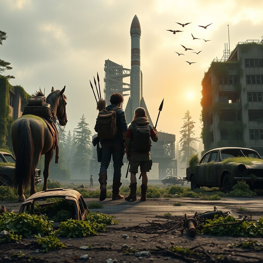 Post-Apocalyptic Spaceport with Figures in Photorealistic St...