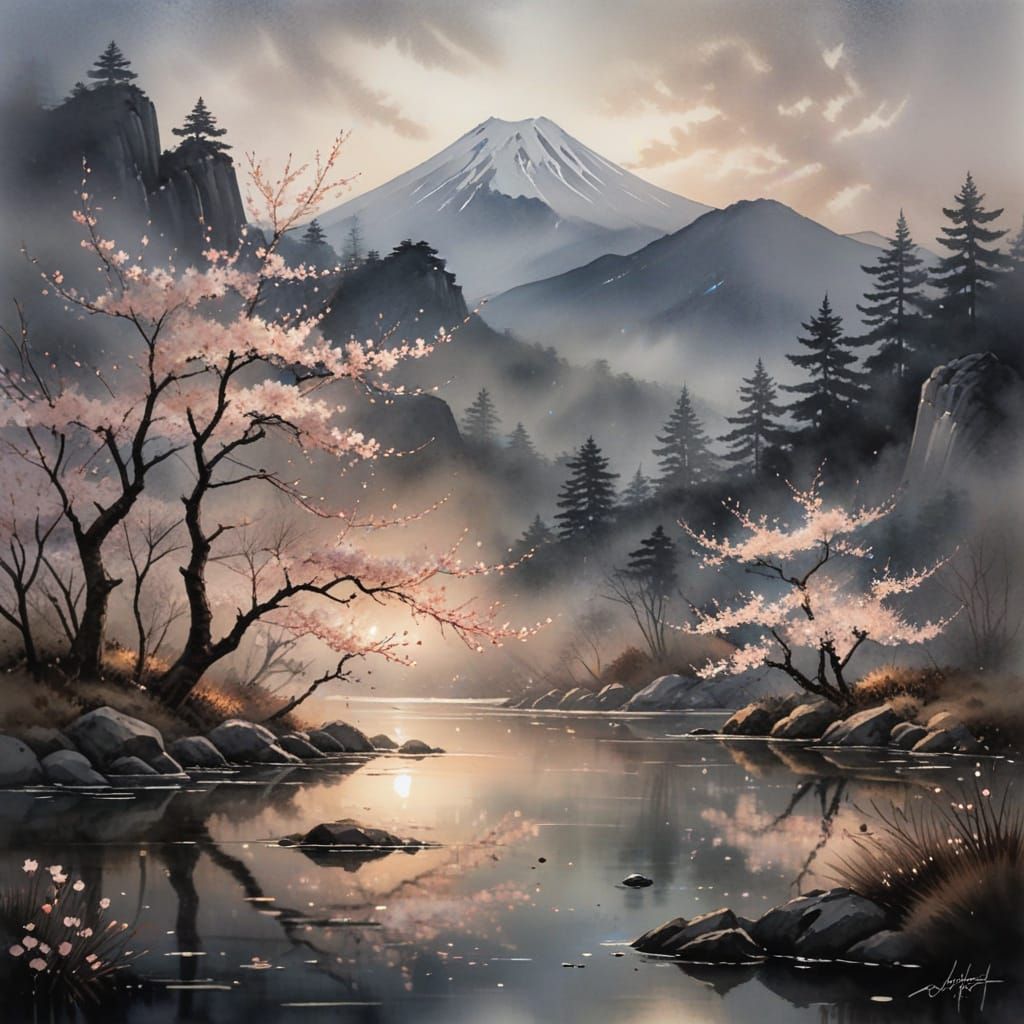 Traditional Japanese Watercolor Landscape with Cherry Blosso...