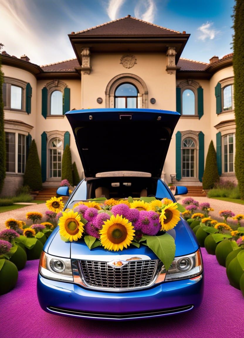 Surreal Limousine Bursting with Colorful Sunflowers