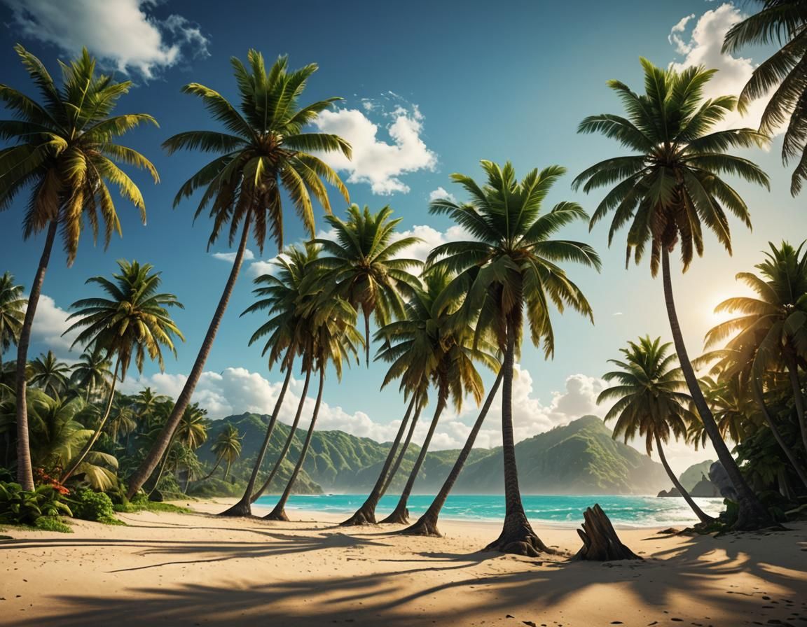 Tropical Beach with Palm Trees in Detailed Matte Painting