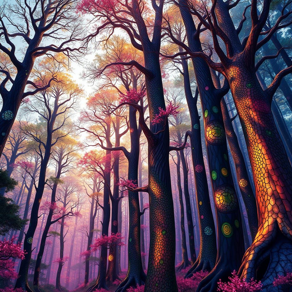 Enchanted Forest of Stained Glass Trees in Art Nouveau Style