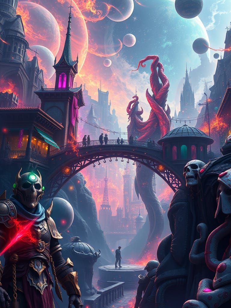 Epic Bridge of Worlds: Fantasy Meets Cyberpunk