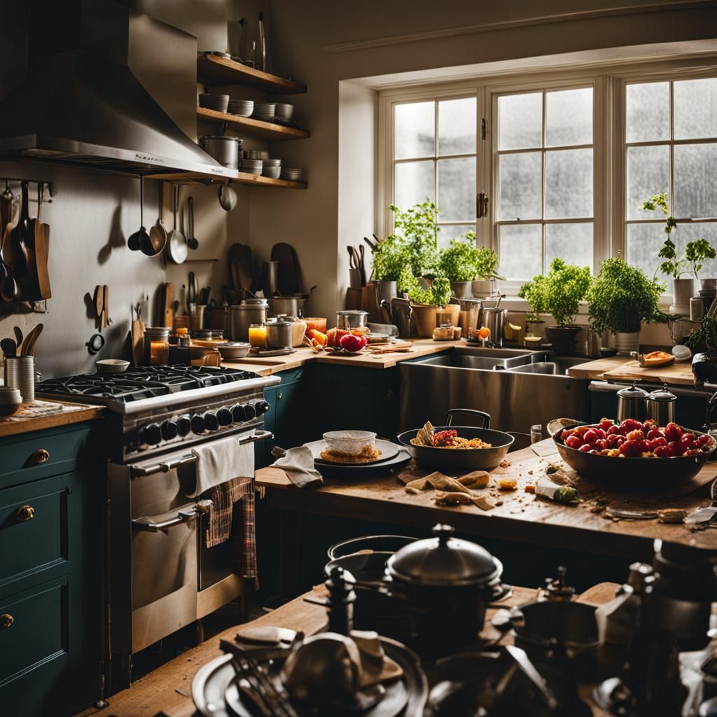 Messy Kitchen Scene in Filmic Style