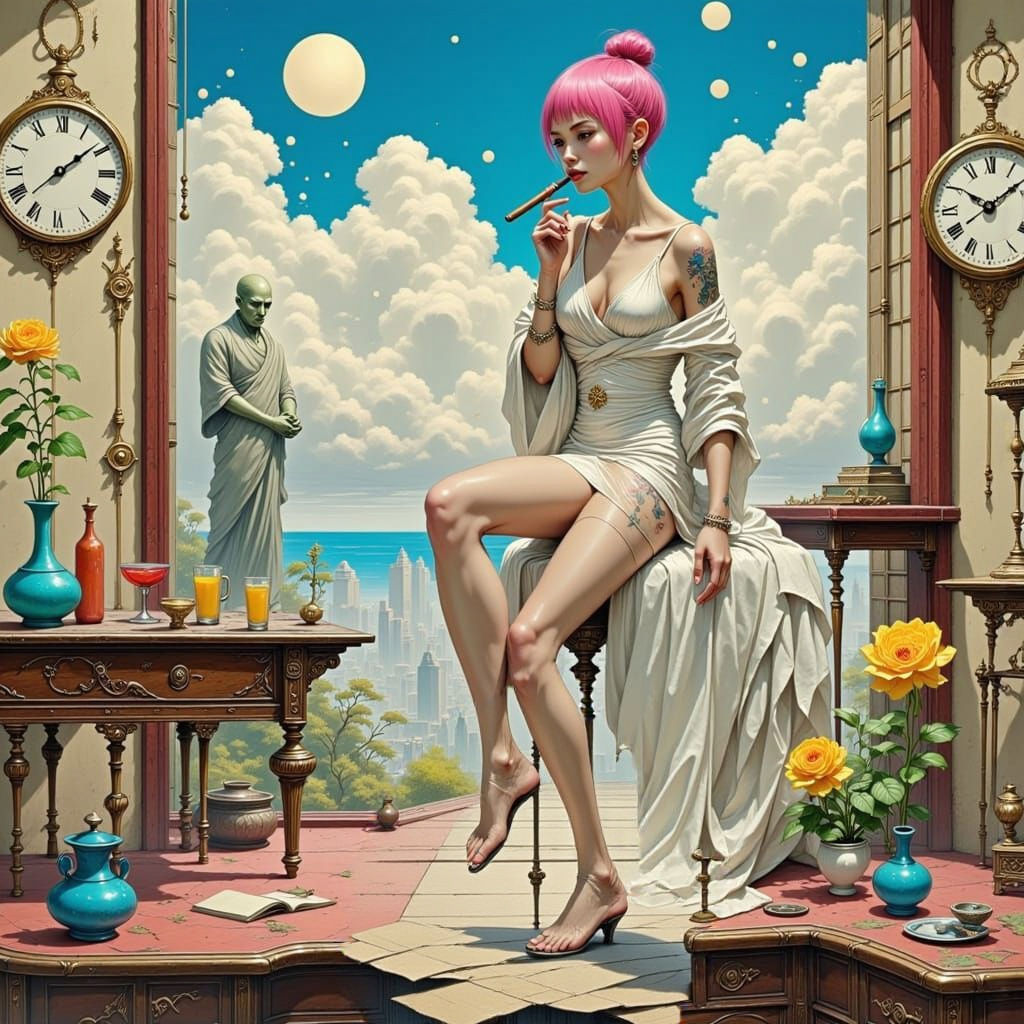 Japanese Woman Smoking Cigar in Surreal Boudoir