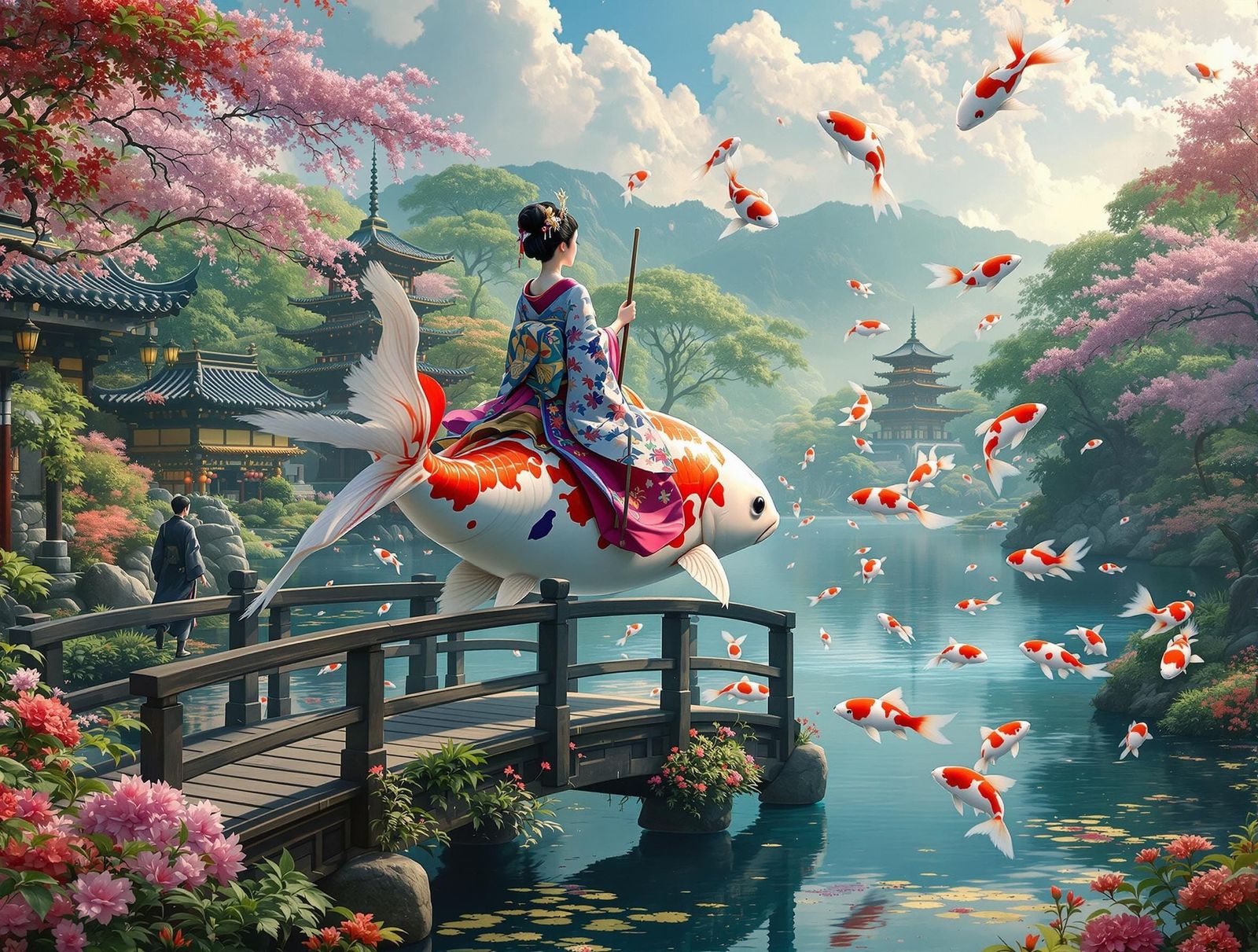 Geisha Rides Koi Fish Through Vibrant Japanese Temple Garden