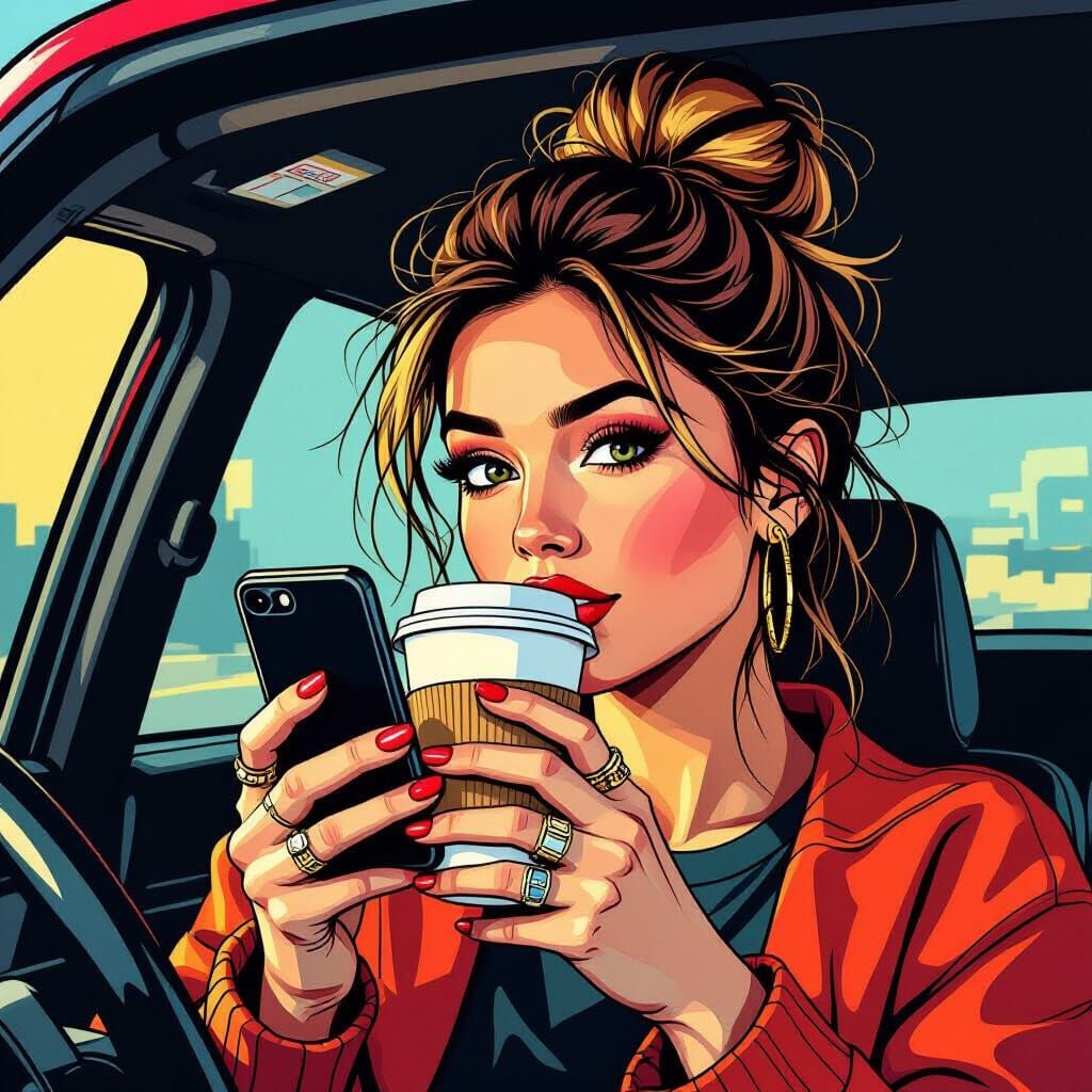 Woman in Car with Coffee and Phone, Comic Style